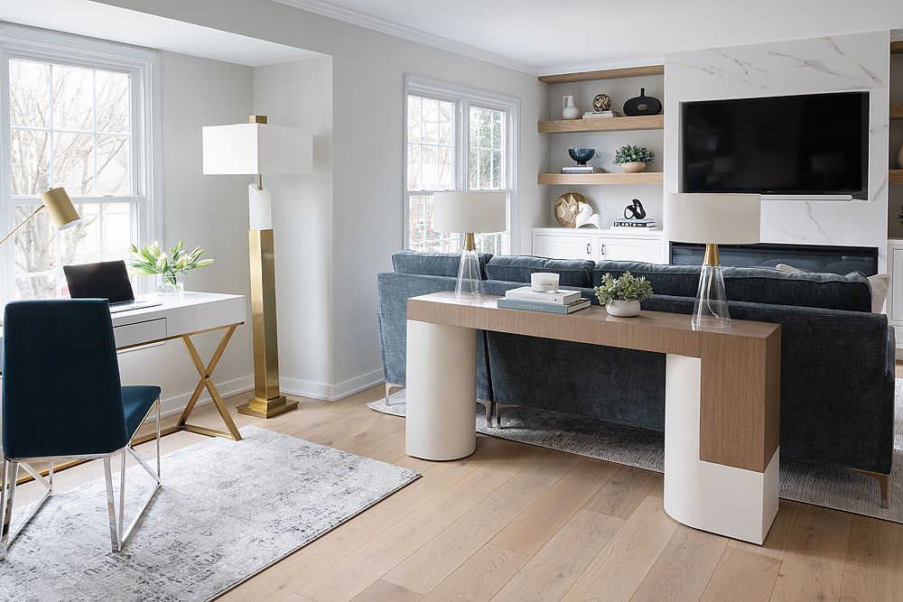 Minimalist home office featuring sleek white cabinetry and natural wood accents.